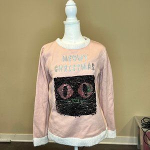Holiday Time - Pink, Meowy Ugly Cat Christmas Sweater - Small - Sequin Design